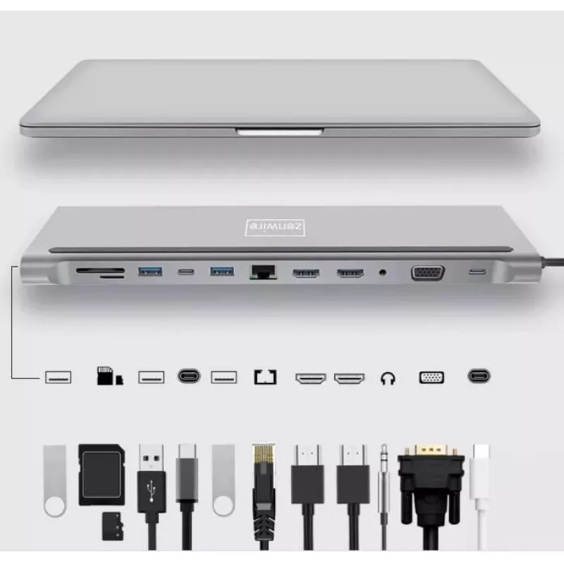 ZENWIRE USB-C-hub adapter 12-in-1 dockingstation 2x HDMI 4K ethernet RJ45 USB 3.0 BYL-2211