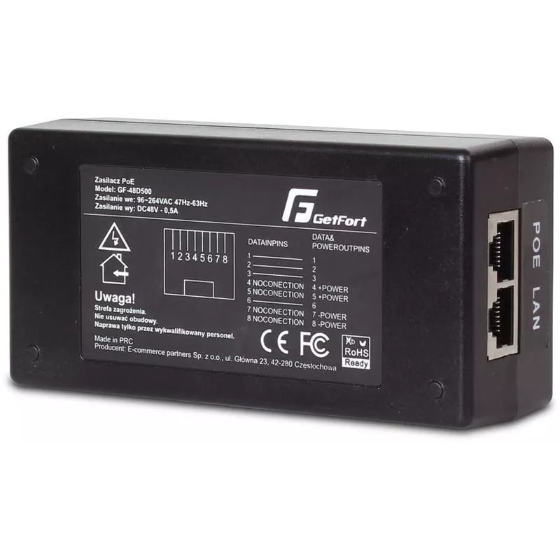 GETFORT GF-48D500 PoE-adapter 48V 0.5A 24W passieve PoE-injector