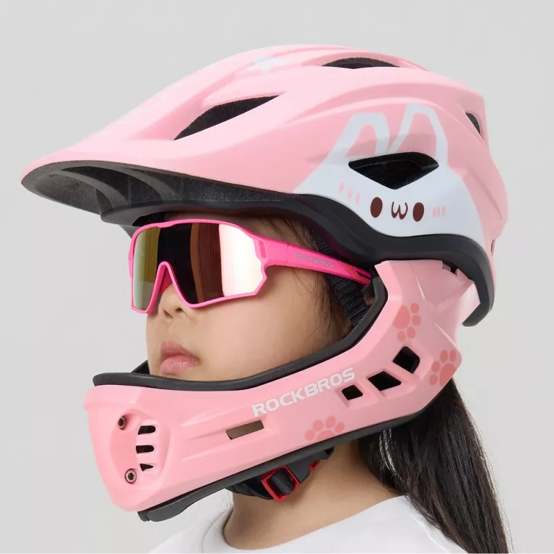 ROCKBROS TT-32002 Rabbit kinderhelm met afneembare kinbescherming, maat M (54-58 cm), roze