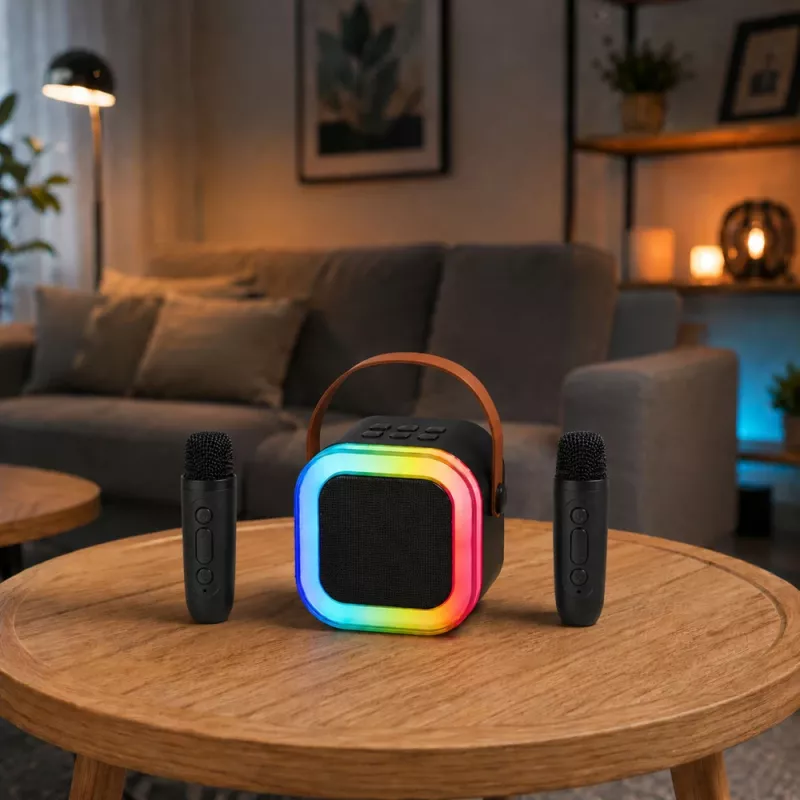 LEAN karaokeset bluetooth-luidspreker twee microfoons LED-verlichting zwart