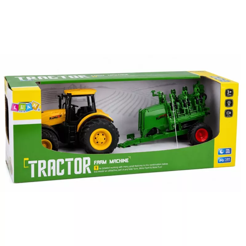 LEAN TOYS Tractor met Zaaimachine en Cultivator, Licht en Geluid, Geel, 1:24