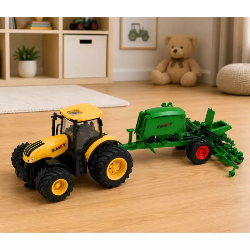 LEAN TOYS Tractor met Zaaimachine en Cultivator, Licht en Geluid, Geel, 1:24