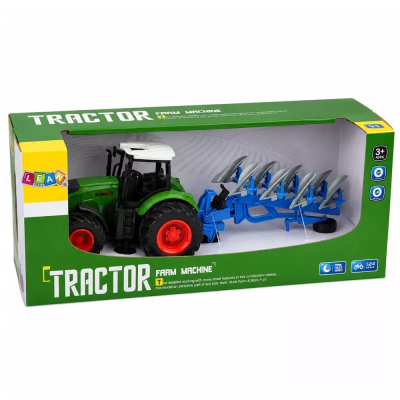 LEAN TOYS Landbouwtractor met Tweeschaarploeg, Rubberbanden, Groen, 1:24