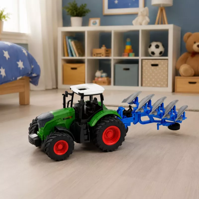 LEAN TOYS Landbouwtractor met Tweeschaarploeg, Rubberbanden, Groen, 1:24