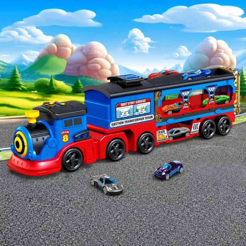 LEAN TOYS Locomotief Transporter met Auto's, Rails, Lanceerbaan, Lichten en Geluiden