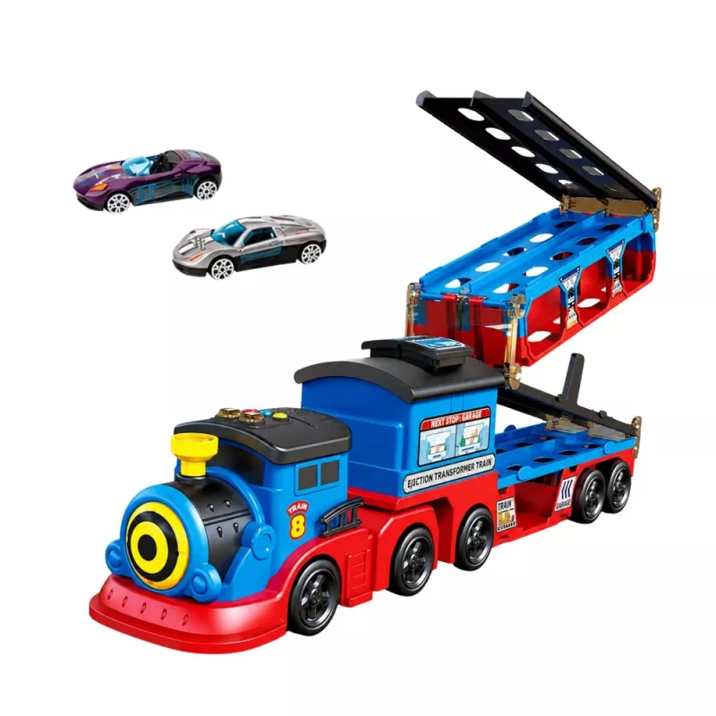 LEAN TOYS Locomotief Transporter met Auto's, Rails, Lanceerbaan, Lichten en Geluiden