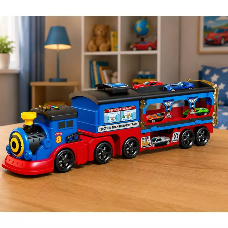 LEAN TOYS Locomotief Transporter met Auto's, Rails, Lanceerbaan, Lichten en Geluiden