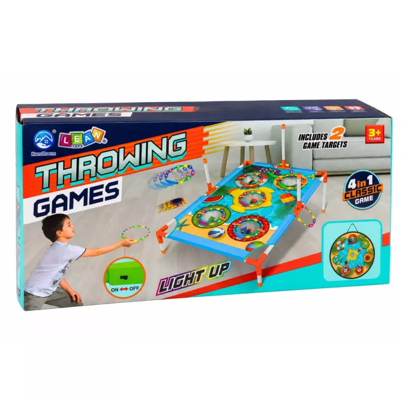 LEAN TOYS 4-in-1 Behendigheidsspel met Bord, Zakjes, Ringen, Frisbee
