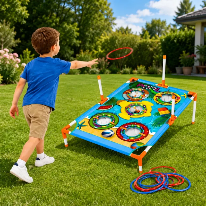 LEAN TOYS 4-in-1 Behendigheidsspel met Bord, Zakjes, Ringen, Frisbee