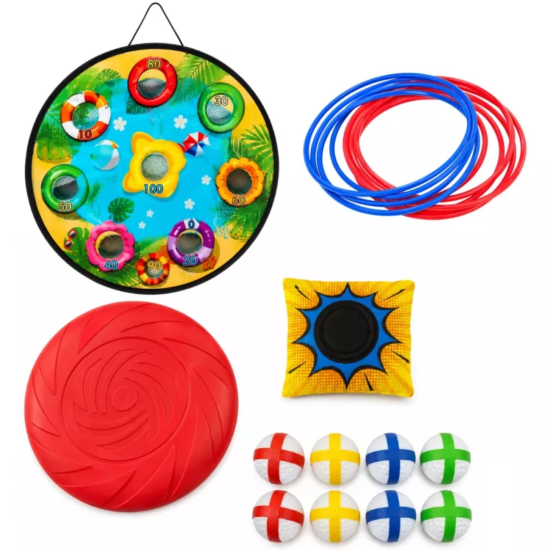 LEAN TOYS 4-in-1 Behendigheidsspel met Bord, Zakjes, Ringen, Frisbee
