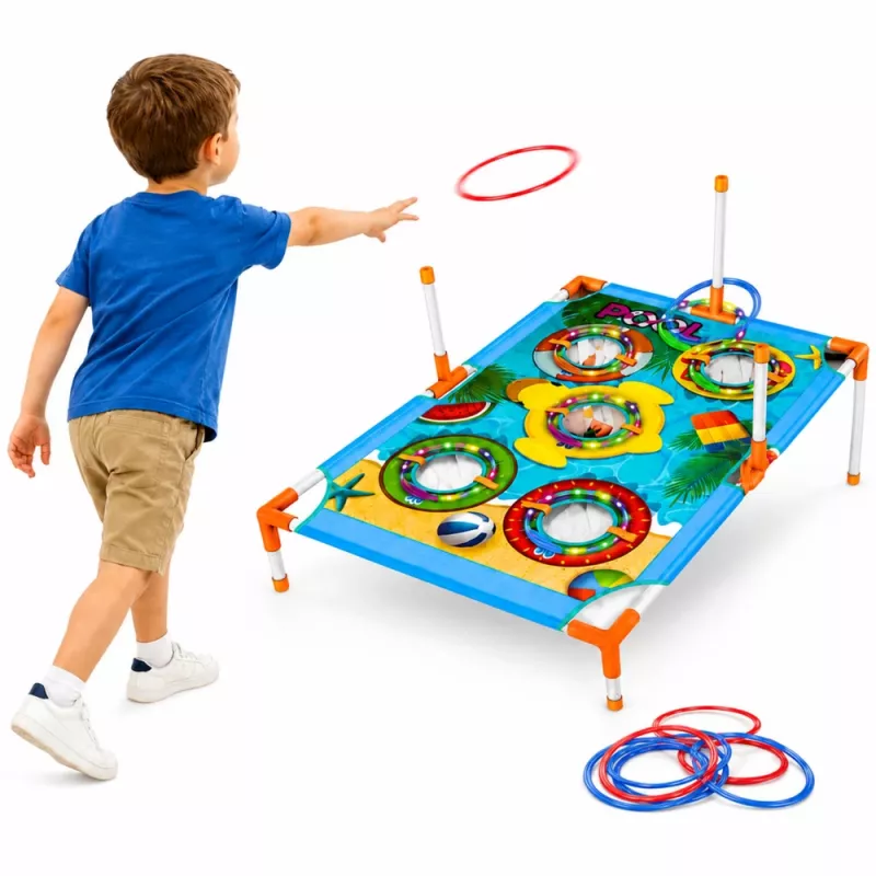 LEAN TOYS 4-in-1 Behendigheidsspel met Bord, Zakjes, Ringen, Frisbee