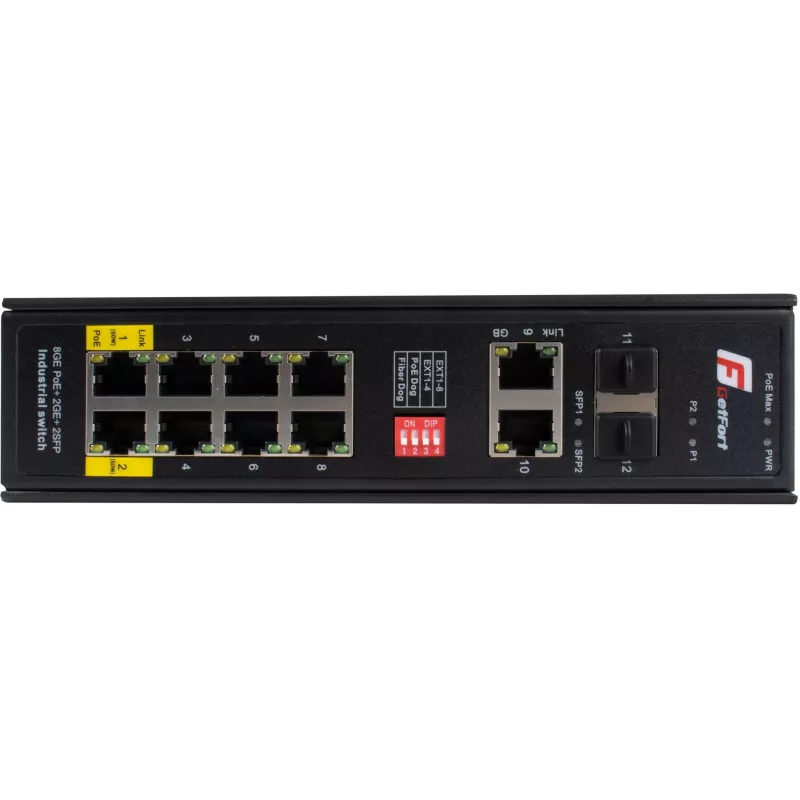 GETFORT GF-110-8PG-2G-2S industriële PoE+ switch, 8x PoE+ Gigabit + 2x Gigabit + 2x SFP, -40°C tot 80°C