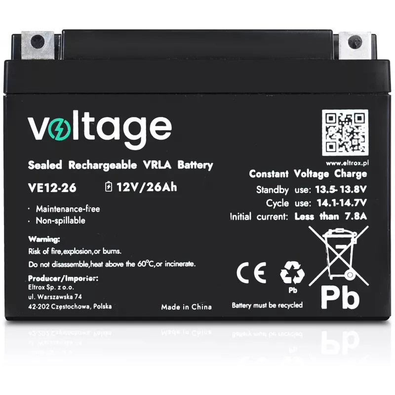 VOLTAGE AGM accu 12V 26Ah VE12-26 (6-9 jaar levensduur)
