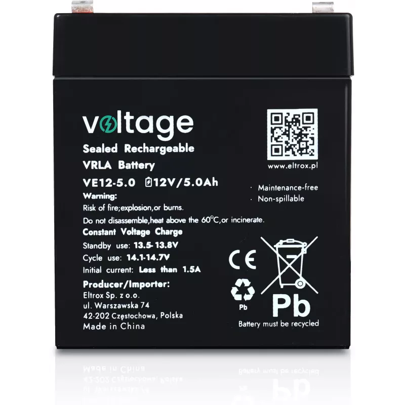 Voltage AGM accu 12V 5Ah VE12-5.0 (6-9 jaar levensduur)