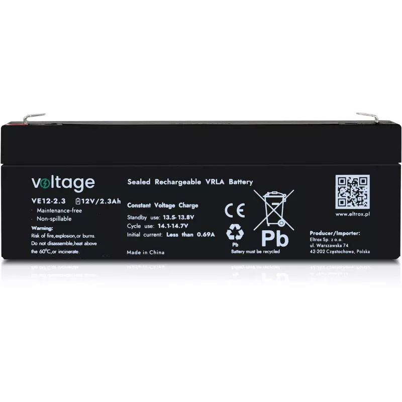 VOLTAGE AGM accu 12V 2,3Ah VE12-2.3 (6-9 jaar levensduur)