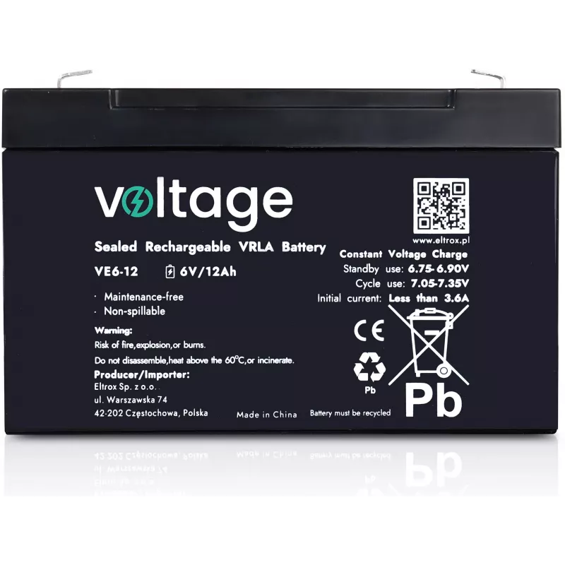 VOLTAGE AGM accu 6V 12Ah VE6-12 (6-9 jaar levensduur)
