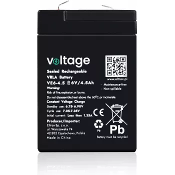 VOLTAGE AGM accu 6V 4,5Ah VE6-4.5 (6-9 jaar levensduur)