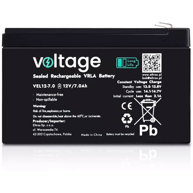 Voltage Long Life AGM accu 12V 7Ah VEL12-7.0 (15 jaar ontwerplevensduur)