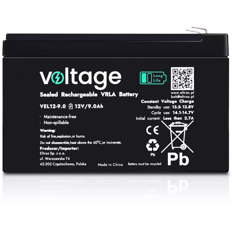 Voltage Long Life AGM accu 12V 9Ah VEL12-9.0 (15 jaar ontwerplevensduur)