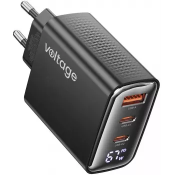 Voltage GaN-oplader 67W PD 3.0 QC 4.0 USB-A 2x USB-C digitaal display zwart