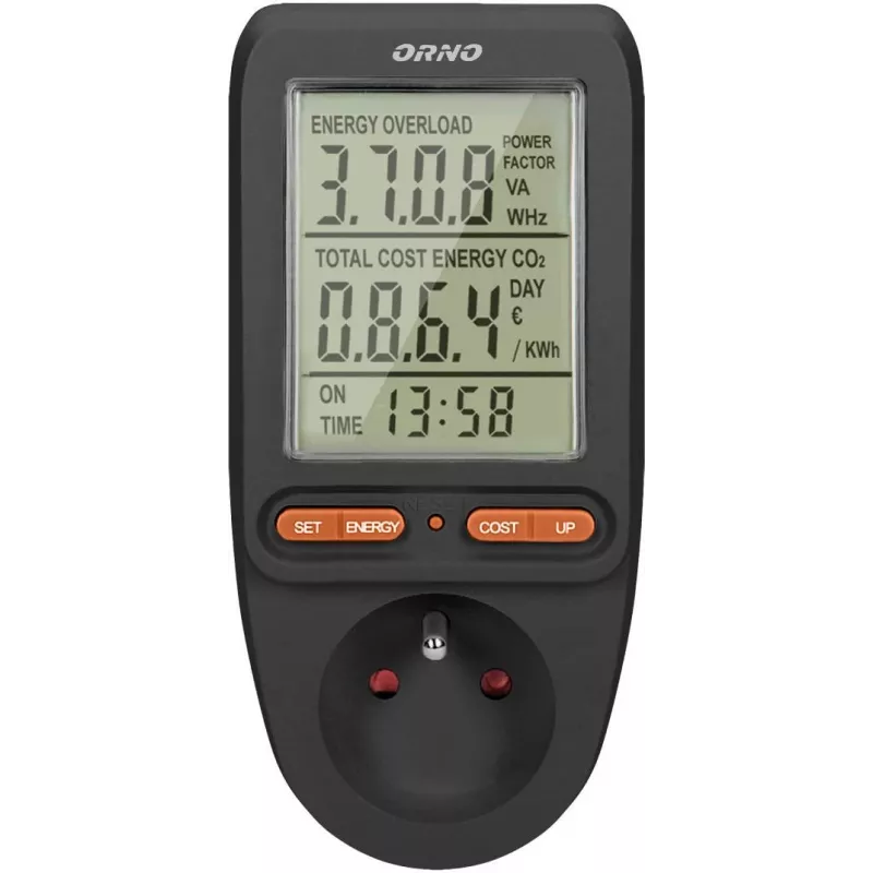 ORNO OR-WAT-435/B Energiekostenmeter en stroomverbruiksmeter, 230V, 16A, LCD-display, zwart