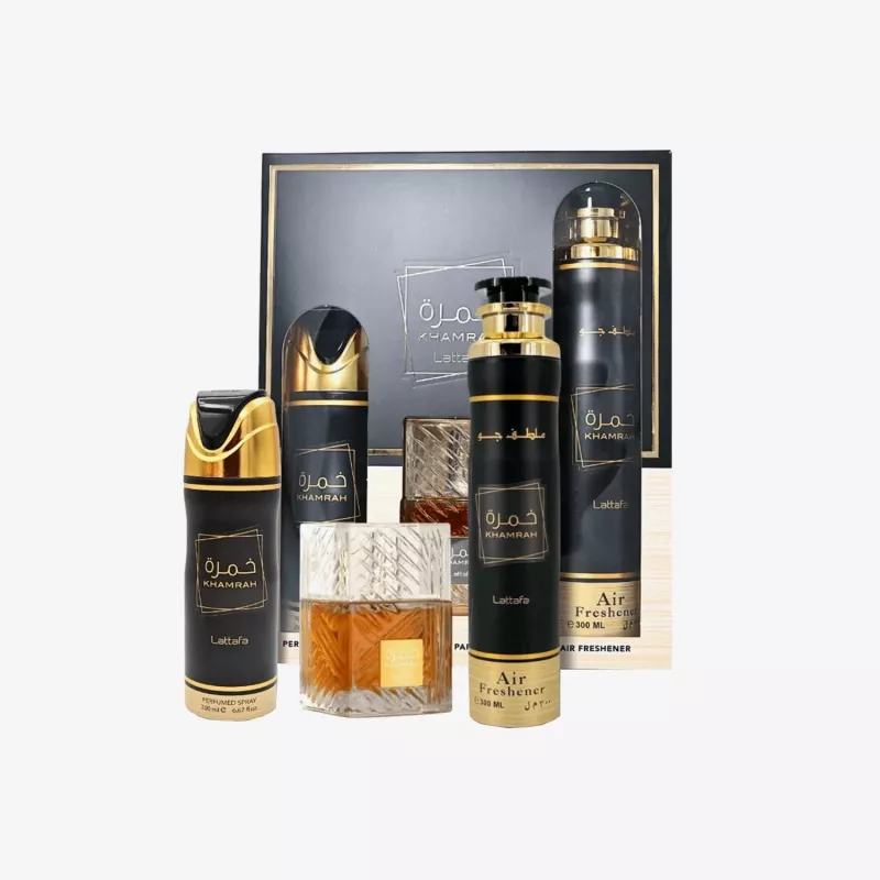 Lattafa Khamrah Eau de Parfum geschenkset 100ml + deodorant 200ml + luchtverfrisser 300ml