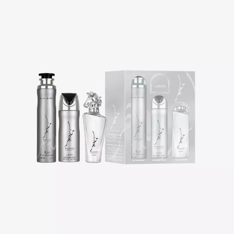 Lattafa Maahir Legacy geschenkset, EDP-spray 100 ml + geparfumeerde spray 200 ml + luchtverfrisser 300 ml