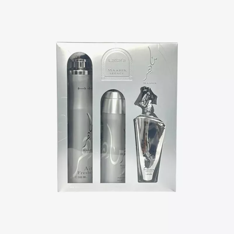 Lattafa Maahir Legacy geschenkset, EDP-spray 100 ml + geparfumeerde spray 200 ml + luchtverfrisser 300 ml