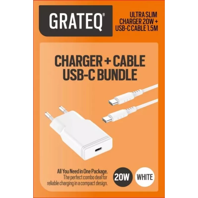 GRATEQ TAHKO 20W USB-C PD wandlader bundel met 1,5m USB-C naar Lightning kabel, wit