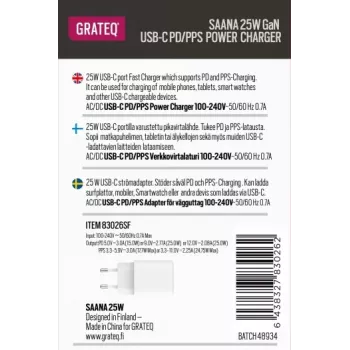 GRATEQ SAANA GaN USB-C 25W PD/PPS wandlader wit