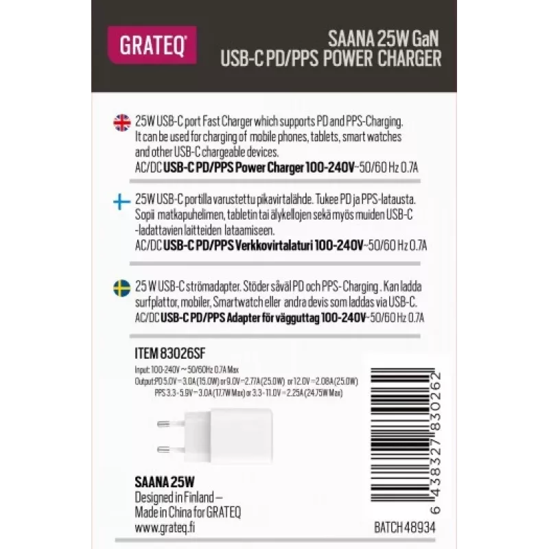 GRATEQ SAANA GaN USB-C 25W PD/PPS wandlader wit