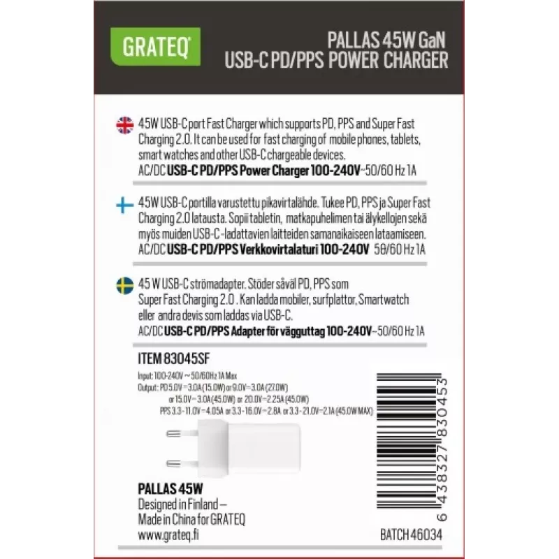 GRATEQ PALLAS GaN USB-C 45W voeding wit