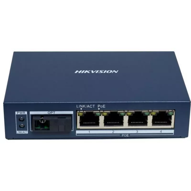 Hikvision DS-3D504TP-A unmanaged industriële PoE-switch, 4 PoE+-poorten, 1 SFP-uplink, 60W budget
