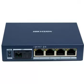 Hikvision DS-3D504TP-A unmanaged industriële PoE-switch, 4 PoE+-poorten, 1 SFP-uplink, 60W budget