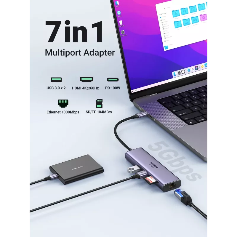 UGREEN 60515 7-in-1 USB-C-hub, 4K 60Hz HDMI, Ethernet, 100 W PD, grijs