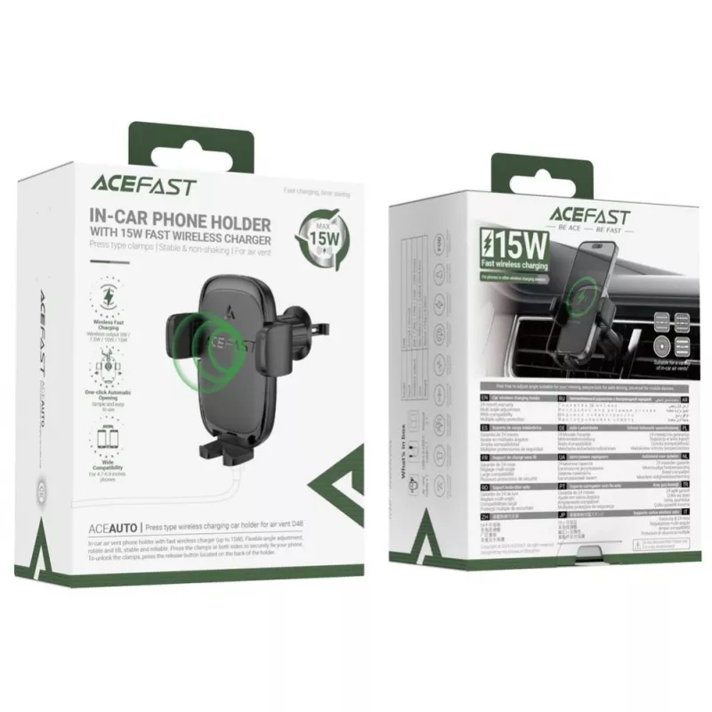 Acefast D48 Autohouder voor ventilatierooster met draadloze oplader Zwart