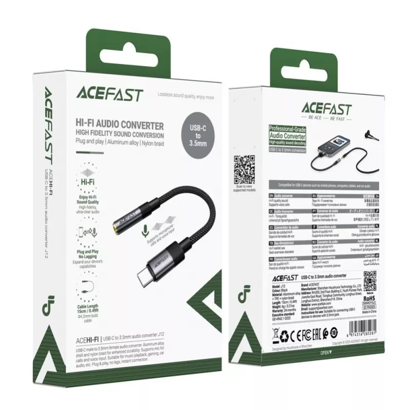 Acefast USB-C naar 3,5 mm J12 audio-adapter Zwart
