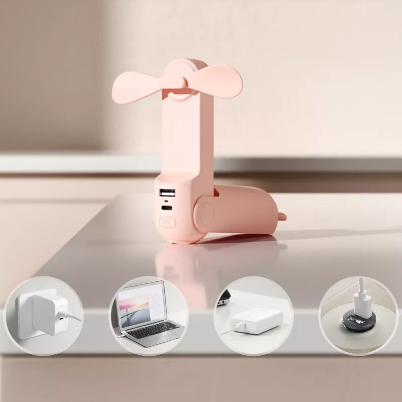 Jisulife Life8 Handheld Fan draagbare USB-ventilator met powerbank 2000mAh en zaklamp - roze