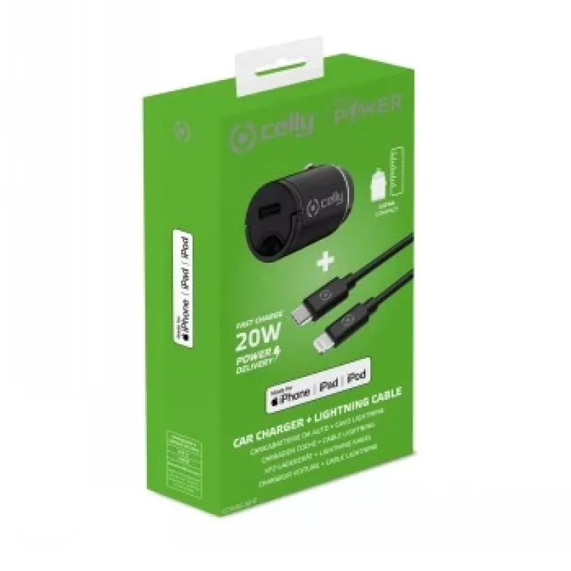 CELLY CCMINILIGHT – auto-oplader USB-C + USB-C naar Lightning kabel 20W [PRO POWER]
