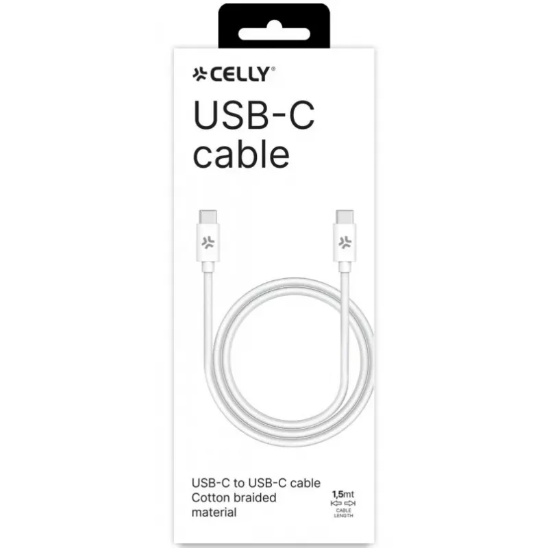 CELLY USBCUSBCCOTT - USB-C naar USB-C katoengevlochten kabel wit (Power Delivery)