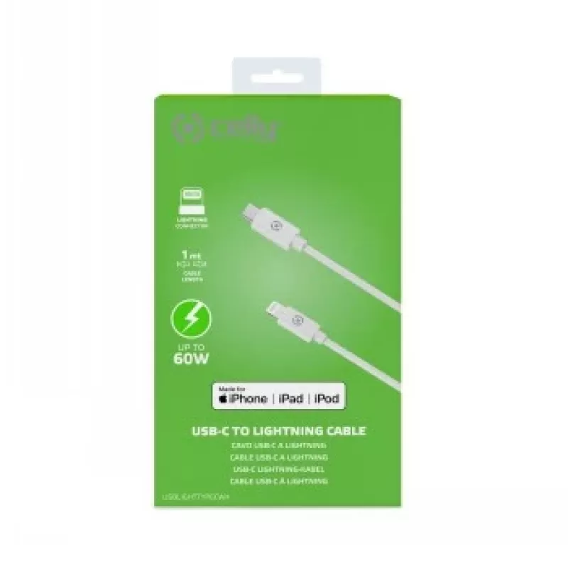 CELLY Lightning naar USB-C kabel 60W - 1,2m wit MFi gecertificeerd