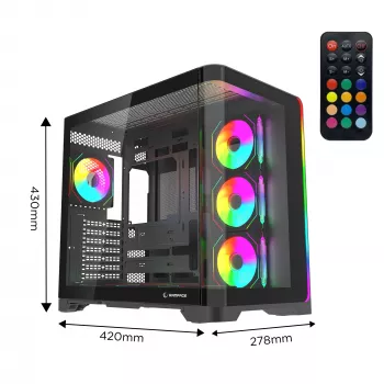 Rampage LYRON mid tower gaming-pc-behuizing, 7x ARGB PWM-ventilator, gehard glas, zwart