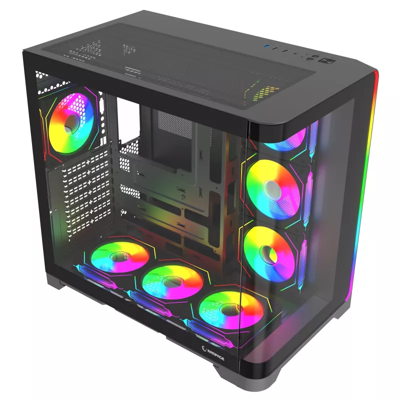 Rampage LYRON mid tower gaming-pc-behuizing, 7x ARGB PWM-ventilator, gehard glas, zwart