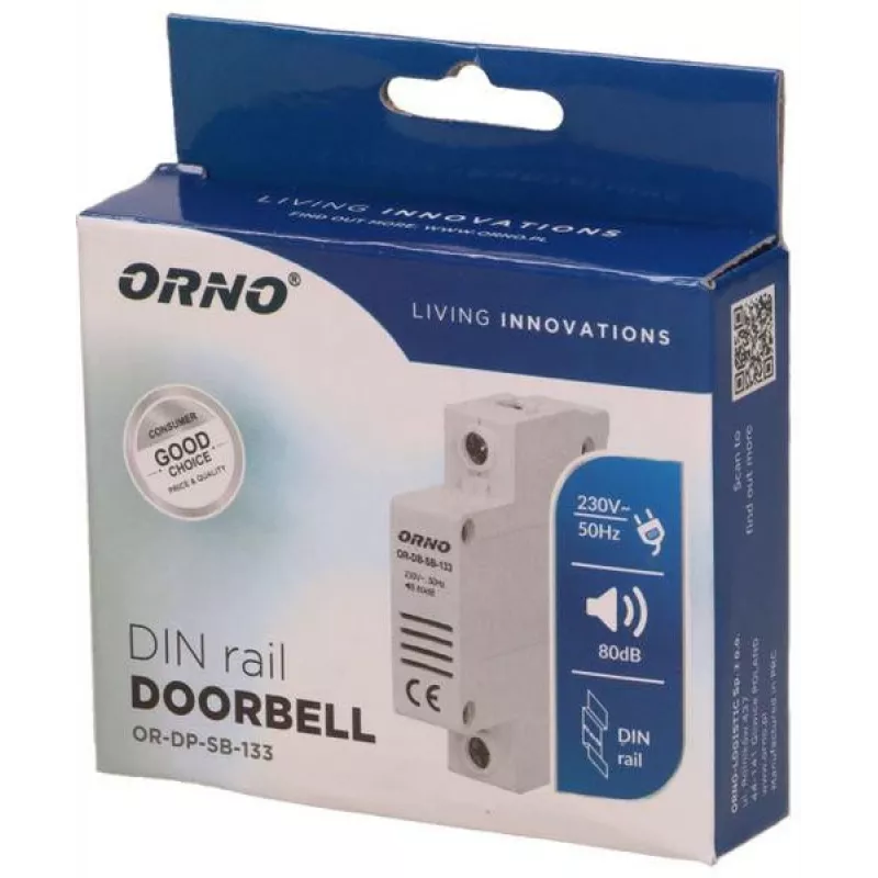 ORNO OR-DP-SB-133 bedrade deurbel, DIN-rail 1 module, 230V AC, 85 dB, wit/grijs