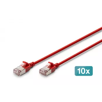DIGITUS CAT 6A F/FTP Slim patchkabel, 0,5 m, rood, 10-pack, LSZH, 10 Gbit/s