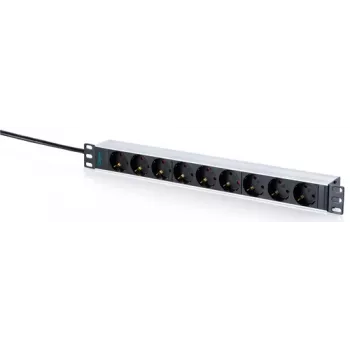 DIGITUS 9-voudige Schuko-stekkerdoos met aluminiumprofiel, 1U rackmontage, 2m kabel, 16A, 3680W, zwart/zilver