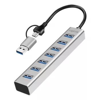 LogiLink USB 3.0 hub 7x USB-A 2-in-1 verbindingskabel zilver