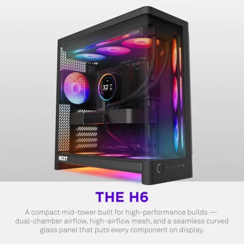 NZXT H6 2026 Mid-Tower Airflow Gaming-behuizing Zwart Tempered Glass