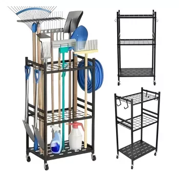 MACLEAN MC-138 mobiele tuingereedschapstandaard met wagen, zwart, 43x30x79cm, 20kg belasting, staal