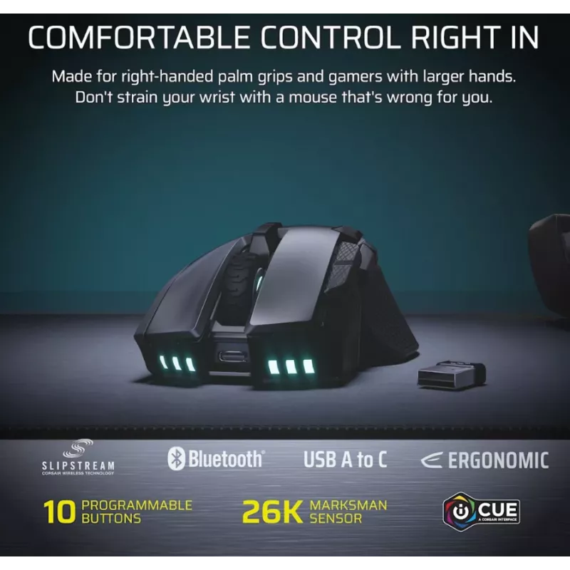 CORSAIR Ironclaw Wireless SE gaming-muis - 26.000 DPI, optisch, SLIPSTREAM Wireless, Bluetooth, USB, RGB, zwart